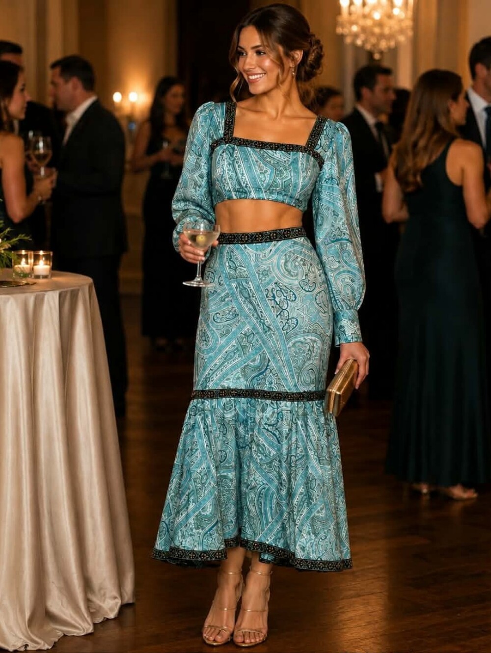 Rose Velvet Blue Paisley Long Sleeve Maxi Dress